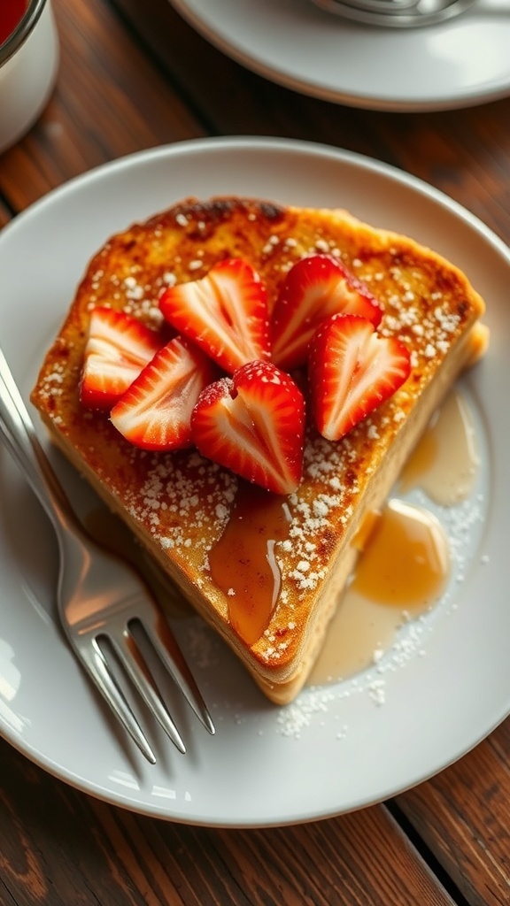 A slice of French toast topped with strawberries and syrup on a wooden table.